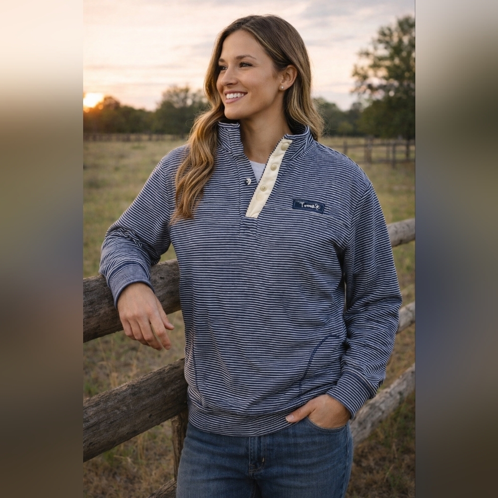 State of Mine-Texas  Navy & Cream Striped Half- Zip  Pull Over Sz. XXL